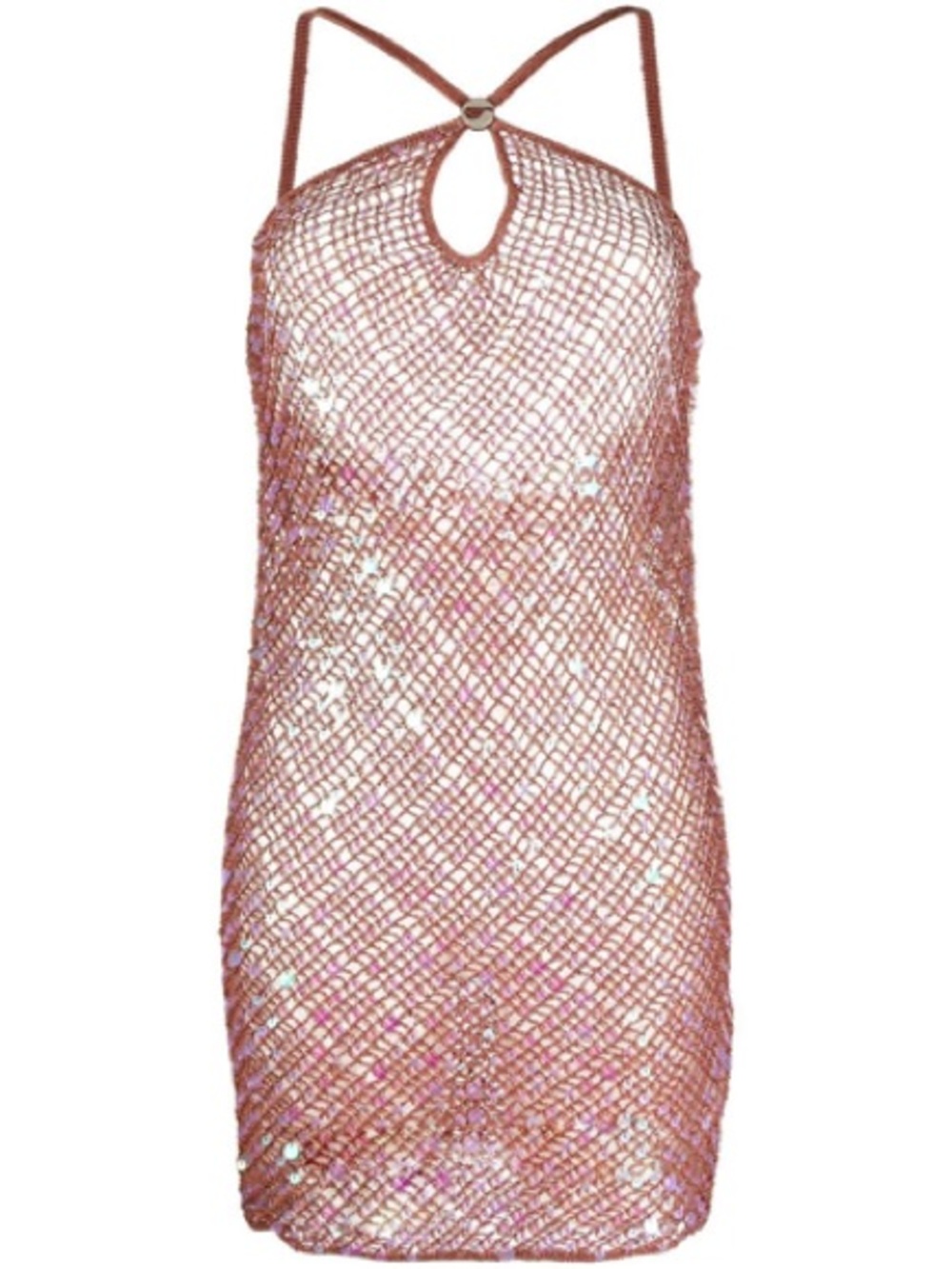 Coperni Sequin Crochet Halter Mini Dress Low Back Holographic + Sienna Brown Red